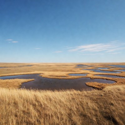 Wide view of wetlands with water and grass