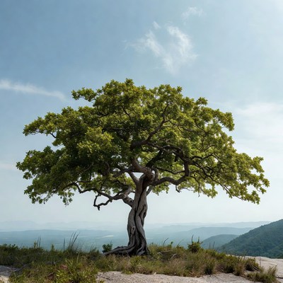 Green tree on rocky hilltop