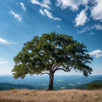 Oak tree on a hillside under blue sky