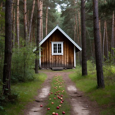 Wooden house in forest path