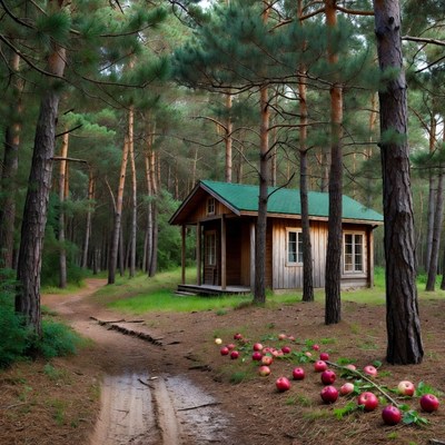 Cabin in the forest with apples
