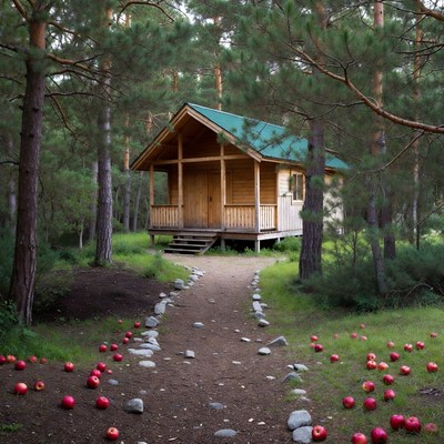 Wooden house in forest path with apples