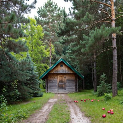 Wooden cabin in green forest