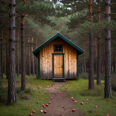 Wooden house in forest with apples