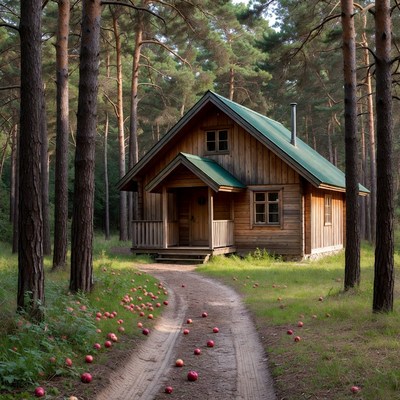 Wooden cabin in green forest