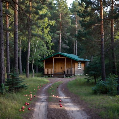 House in the woods with apples