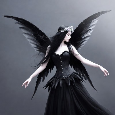 Black wings and dark dress in studio