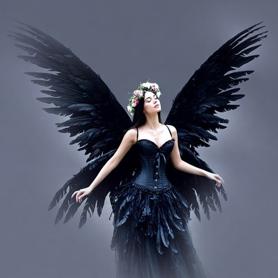 Woman with black wings and flowers