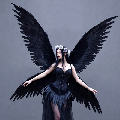 Black wings and flowers in the studio