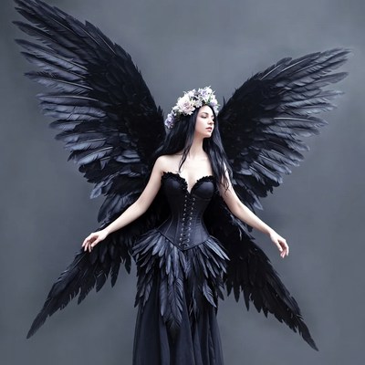 Dark angel with wings and flowers