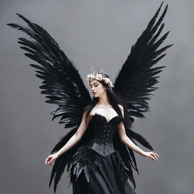 Woman dressed in black with wings