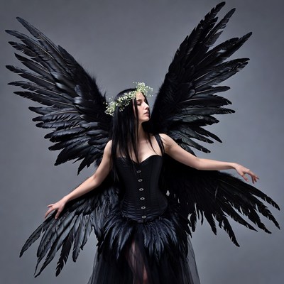 Black wings and dark attire in studio scene