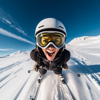 Skier celebrating in snowy mountains