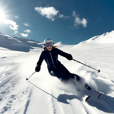 Woman skiing on snowy mountain slope