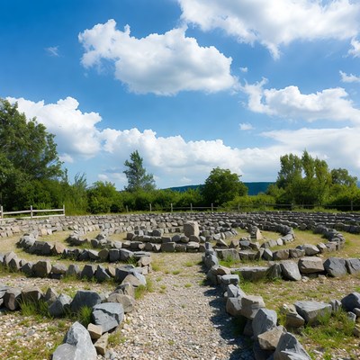Visitors walk the stone maze at noon