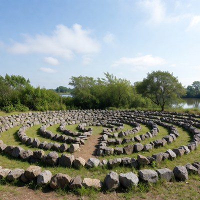 Stone labyrinth at lakeside location