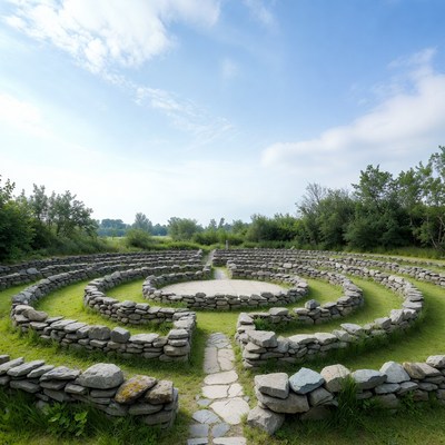 Stone maze in a green field