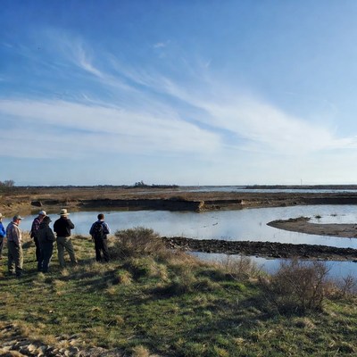 Group explores river landscape in afternoon