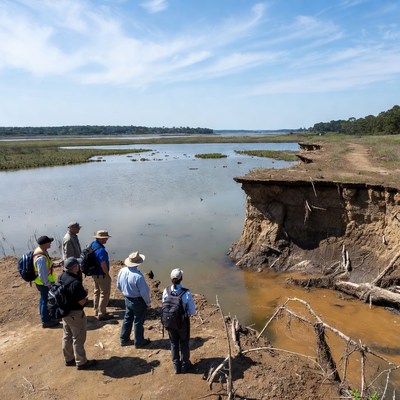 Group examines riverbank erosion site