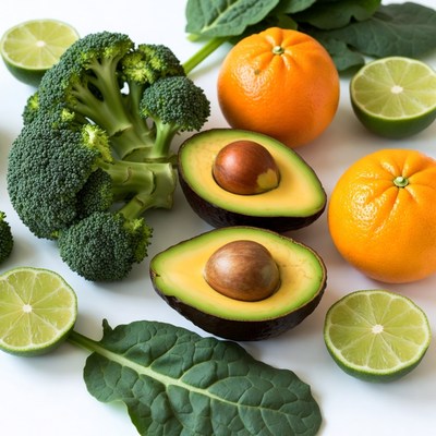 Fresh fruits and vegetables on table