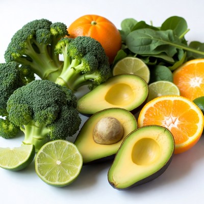 Fresh fruits and vegetables on white background