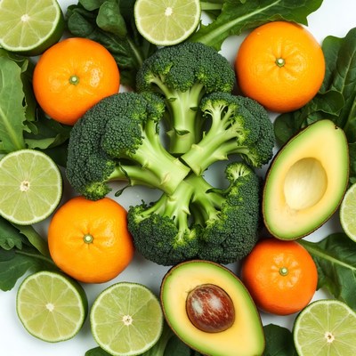 Fresh fruits and vegetables arranged on a table