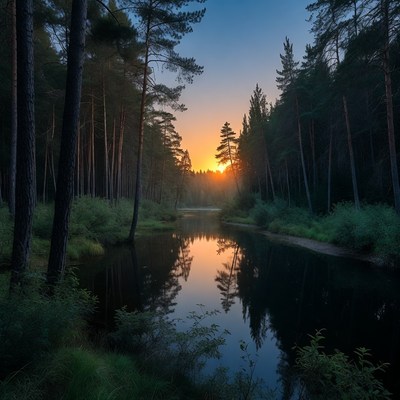 Sunset over the forest river