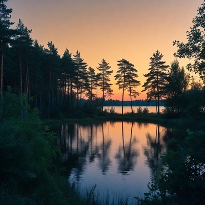 Sunset over calm water and trees