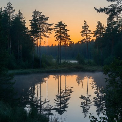 Sunrise over a misty lake