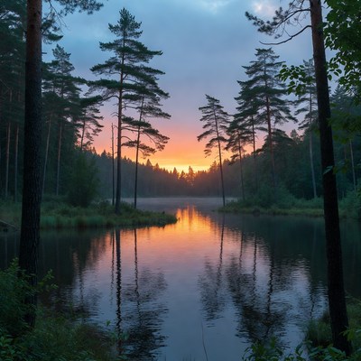 Sunset over calm water and trees