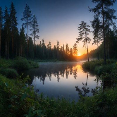 Forest lake at sunrise in early morning