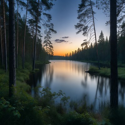 Forest lake at sunset hour in nature