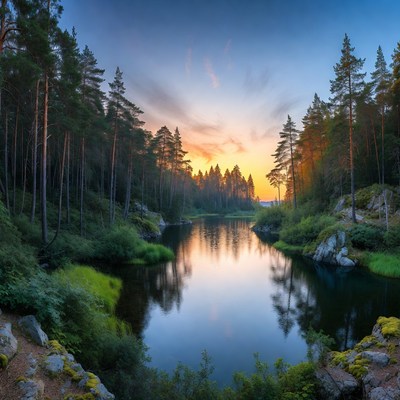 Forest river at sunset near trees