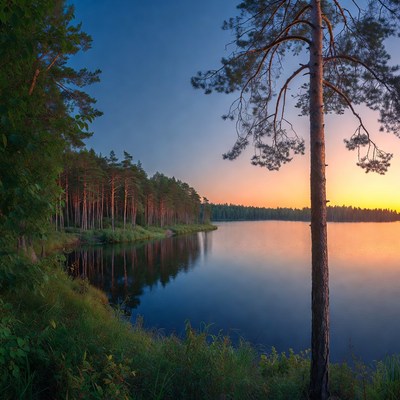 Sunset by the calm lake