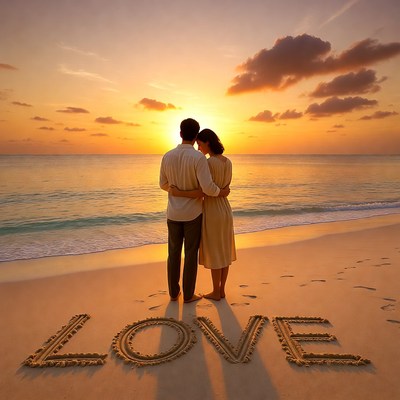 Couple with love sign at sunset