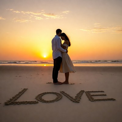 Couple at sunset with love message