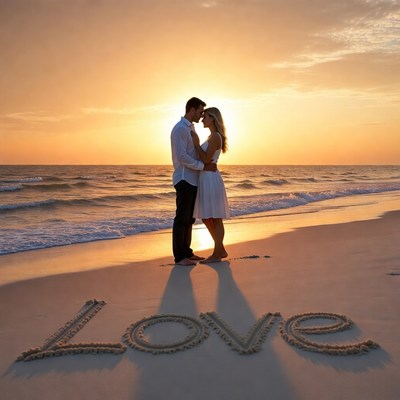 Couple at sunset with love in sand