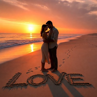 Couple embraces at sunset on beach