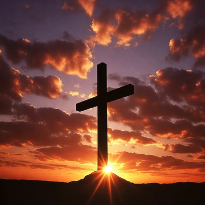 Cross at sunset near mountains