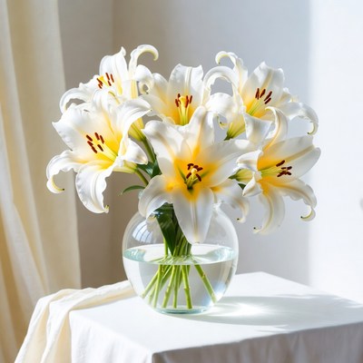 White lilies in clear vase on table