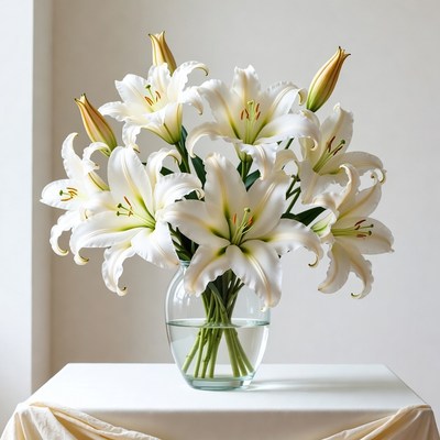 White lilies in clear vase on table