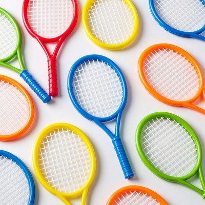 Colorful toy tennis rackets on white