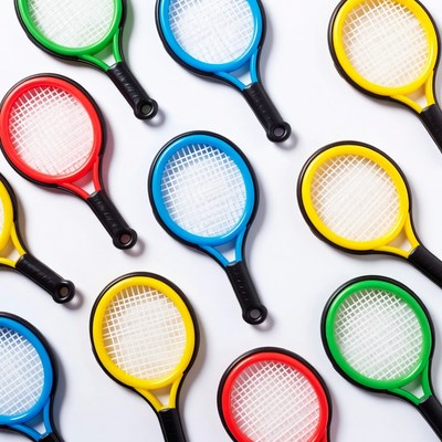 Colorful toy tennis rackets on white surface