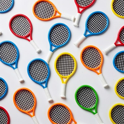 Colorful toy tennis rackets on white background