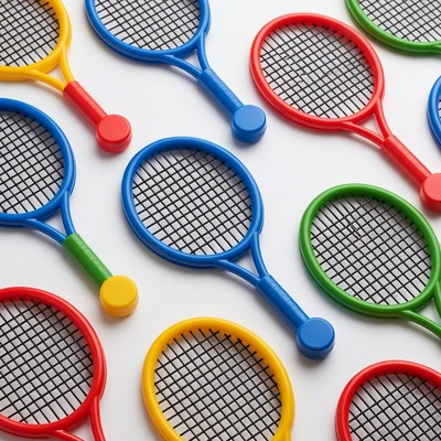 Colorful toy tennis rackets on white background