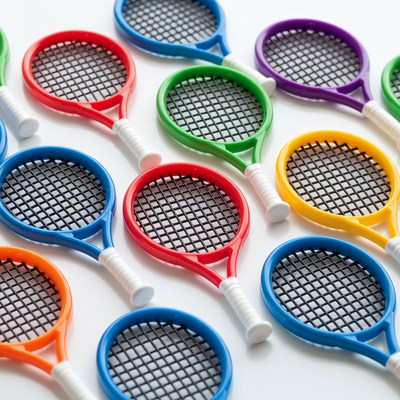 Colorful toy tennis rackets arranged in rows