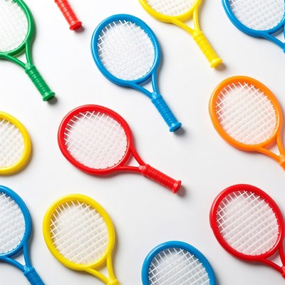 Colorful toy tennis rackets on white background