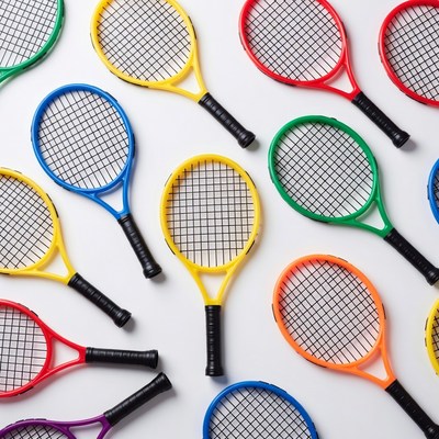Colorful tennis rackets arranged on surface