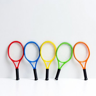 Colorful tennis rackets arranged neatly