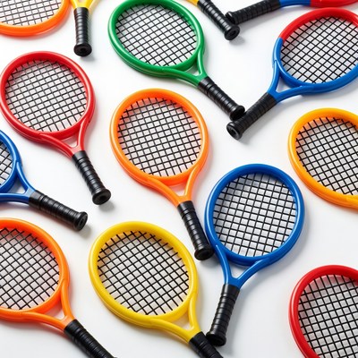 Colorful toy tennis rackets on white surface
